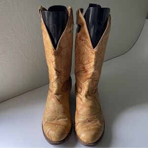 80s Vintage BOULET 12 Tan Leather Cowboy Boot Western Coastal Tall Stitch Detail